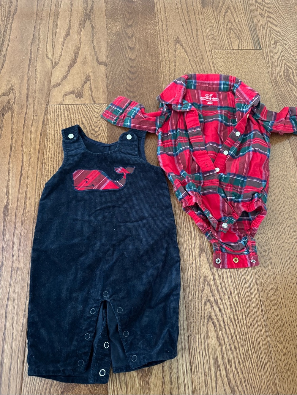 Vineyard Vines Navy Corduroy Romper with Red Plaid Bodysuit